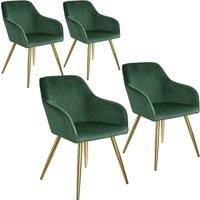 TecTake® Set of 4 Dining Chairs in Velvet Look with Gold Steel Legs, Thickly Padded Armchairs, Ergonomic Design & Easy Assembly - Ideal as Dining, Living Room, Bedroom & Desk Chairs - Dark Green/Gold