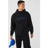 Hugo Blue Nitlogohood Loose Fit Outline Stitch Overhead Hoodie - Black