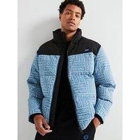 HUGO Mens Byres2441 Mixed-Material Puffer Jacket with Logo-Print Denim