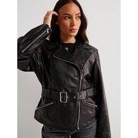 Hugo Leraba Belted Leather Jacket - Black