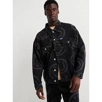 HUGO Mens Wes Black-Denim Relaxed-fit Jacket with Happy Logos