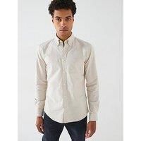 Boss Roan Slim Fit Button Down Logo Washed Oxford Shirt - Beige