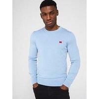 HUGO Men San Cassius-C1 Cotton Knit Sweater with Logo Label Red, Blue Open483, L