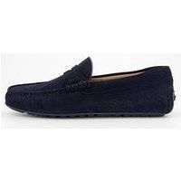 BOSS Mens Noel Mocc Portuguese-Crafted Moccasin Loafers in Suede with Penny Trim Size 11 Dark Blue