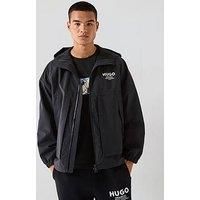 HUGO Mens Bod2531 Water-Repellent Hooded Jacket with Logo Prints Black