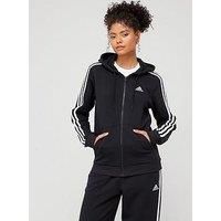 adidas Female Adult Essentials 3-Stripes Full-Zip Fleece Hooded Track Top, Black/White, XS