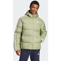adidas Men/'s Essentials Midweight Down Hooded Stripes Jacket, TENT GREEN F16, L