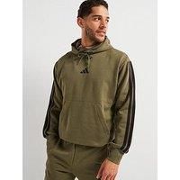 adidas Men/'s ESSENTIAL THREE STRIPES FLEECE HOODIE, olive strata/black, XS