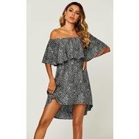 Leopard Print Bardot Frill Off Shoulder Mini Dress In Black
