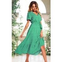 FS Collection Women's White Little Flower Print Short Sleeve Wrap Style Midi Dress In Green | Size: Small