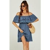 FS Collection Women's Floral Print Bardot Frill Mini Dress in Blue | Size: XS