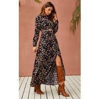 Leaf Print Black Shirt Dress With Tie Waist and Free Gold Stretch Leaf Belt