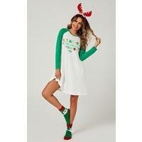 FS Collection Women's Christmas Holiday Nightgown Mini Dress In White & Green | Size: 8-10