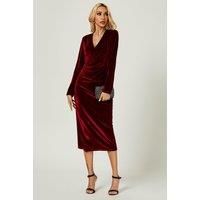 Velvet Wrap Style Long Sleeve Midi Dress In Wine