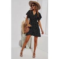 FS Collection Women's Polka Dot Mini Wrap Style Dress in Black | Size: Small