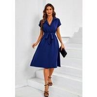 FS Collection Women's Short Sleeve Shirt Midi Dress in Navy | Size: XL
