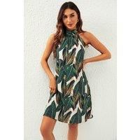FS Collection Women's Leaf Print Halter Neck Tie Back Mini Dress In Green | Size: XS