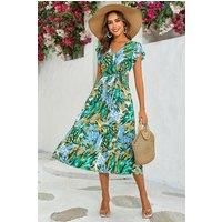 Floral Print Wrap Dress In Yellow & Green