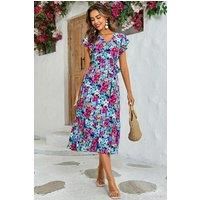 Multi Colour Floral Print Wrap Top Dress In Navy