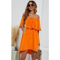 FS Collection Women's Bardot Frill Off-Shoulder Mini Dress In Orange | Size: XS