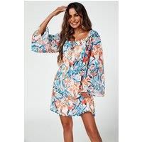 Flute Sleeve Bardot Dress With Tie Detail In Orange