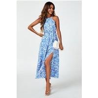FS Collection Women's Tie Halterneck Floral Print Split Maxi Dress In Blue | Size: XS