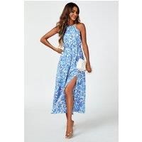 FS Collection Women's Tie Halterneck Floral Print Split Maxi Dress In Blue | Size: Large