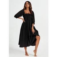 Frill Detail Square Neckline Midi Dress In Black