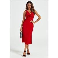 V Neck Knot Front Midi Dress In Red