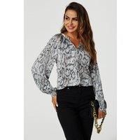 FS Collection Women's Satin Snake Print Collarless long sleeve Blouse Top In Grey | Size: XS