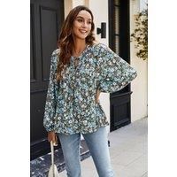 FS Collection Women's Floral Print long sleeve Blouse Top In Blue | Size: Small