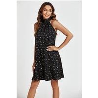 FS Collection Women's Gold Foil Star Halter Neck Tie Back Mini Dress In Black | Size: XS