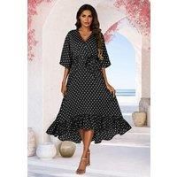 Polka Dot Print Wrap Top Kimono Sleeve Maxi Dress In Black
