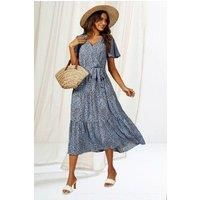Leopard Print Hem Tiered Wrap Midi Dress In Blue