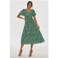 Geo Print Hem Tiered Wrap Midi Dress In Green