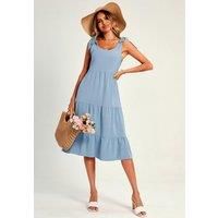Relaxed Linen Self Tie Shoulder Tiered Midi Dress In Light Blue
