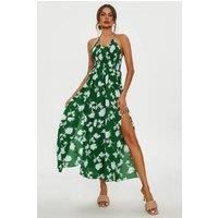 FS Collection Women's Floral Print Tie Halterneck Back Detail Maxi Dress In Green | Size: XL