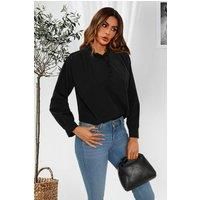 FS Collection Women's Cotton Frill High Neck Long Sleeve Blouse In Black | Size: Small