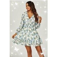 Floral Print ruffle Hem long sleeve Mini Dress In White