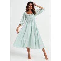Frill Detail Square Neckline Midi Dress In Light Green