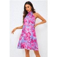 Abstract Floral Print Halter Neck Tie Back Mini Dress In Pink