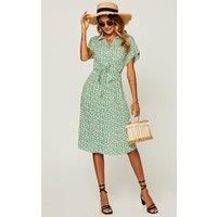 FS Collection Women's Relaxed Floral Print Button Down Midi Shirt Dress in Green | Size: XL