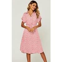 FS Collection Women's Relaxed Floral Print Button Down Midi Shirt Dress in Pink | Size: XL