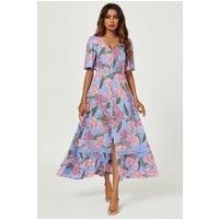 Floral Print Lace Detail Maxi Dress In Blue