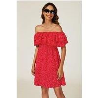 FS Collection Women's Floral Print Bardot Frill Mini Dress in Red | Size: XS