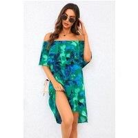 Abstract Floral Print Bardot Frill Off Shoulder Mini Dress In Green