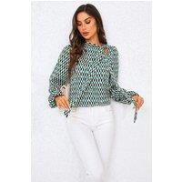 FS Collection Women's Geo Print Side Tie Blouse Top in Green | Size: Small