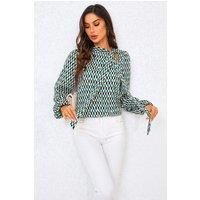 FS Collection Women's Geo Print Side Tie Blouse Top in Green | Size: XL