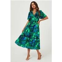 FS Collection Women's Abstract Floral Print Lace Detail Angel Sleeve Maxi Dress in Green | Size: XS