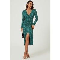 Foil Mesh Long Sleeve Midi Dress In Green